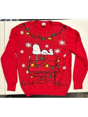 Vintage Peanuts Snoopy Christmas Sweater Doghouse Holiday Lights Snowflakes XL